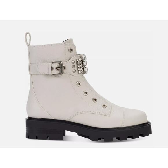 Karl Lagerfeld Paris Maeva Soft Ivory Combat Block Heel Boots Size 7 New - Picture 2 of 10